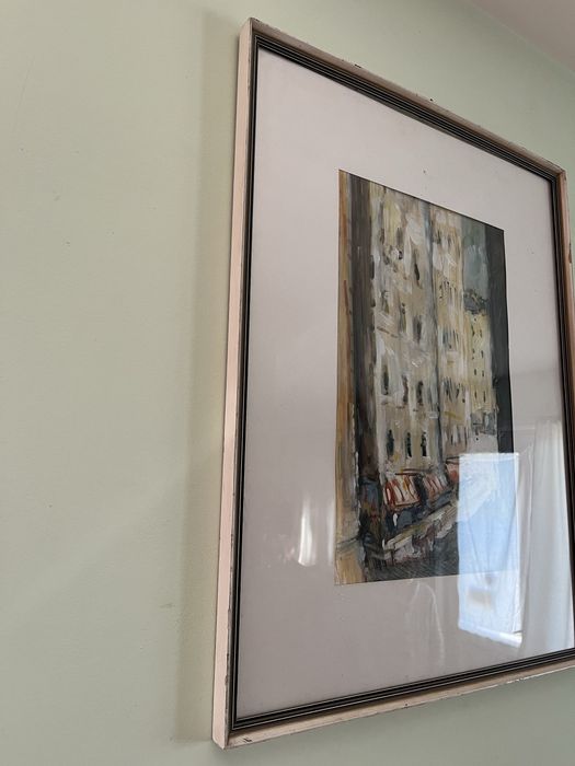 Антикварна Картина в рамка със стъкло акварел пазар градски етюд