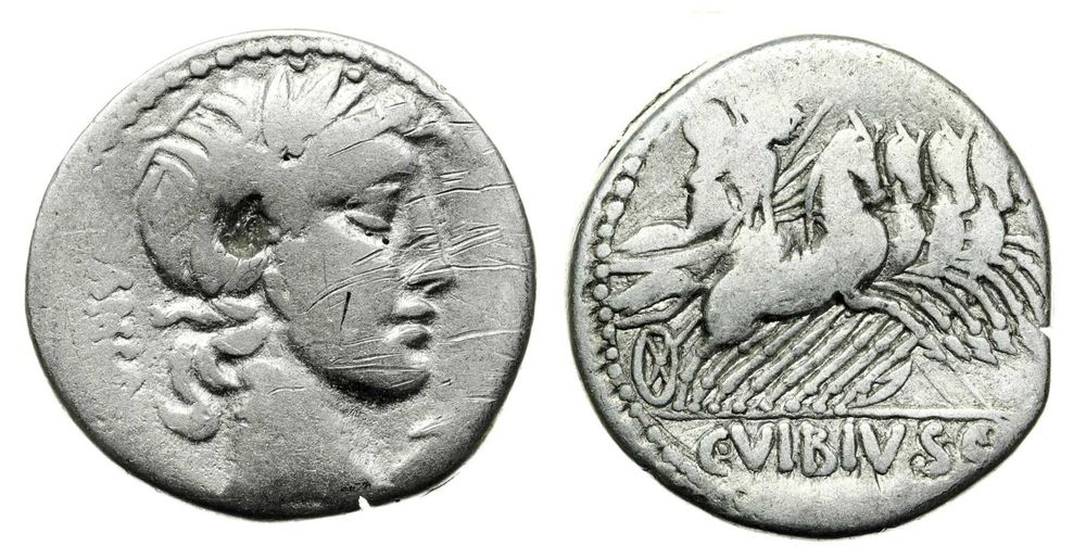 Denar antic Republica Romana C. Vibius C. f. Pansa, c. 90 î.Hr, argint