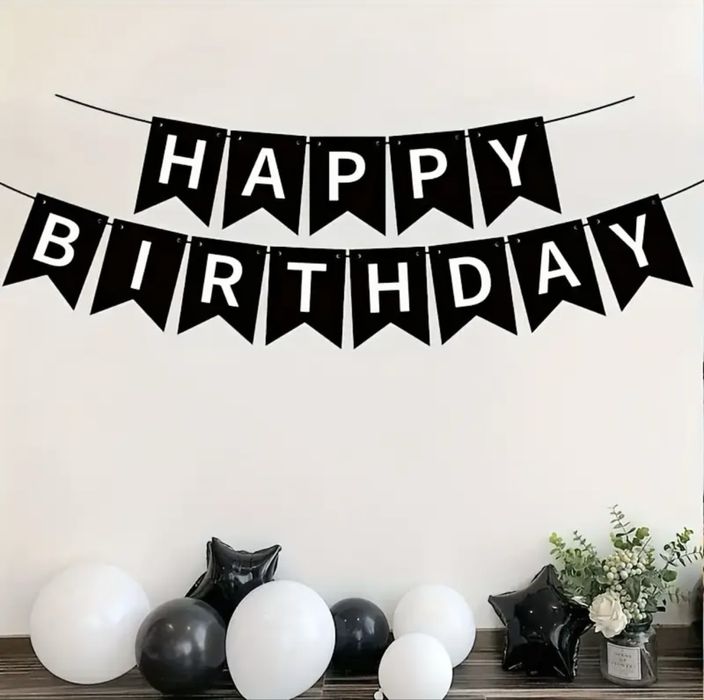 Растяжка Happy Birthday С днем рождения черно-белая, черная