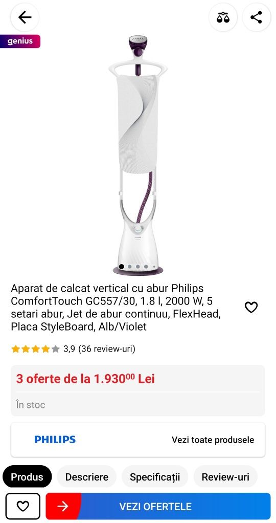 Aparat de calcat vertical cu abur Philips ComfortTouch