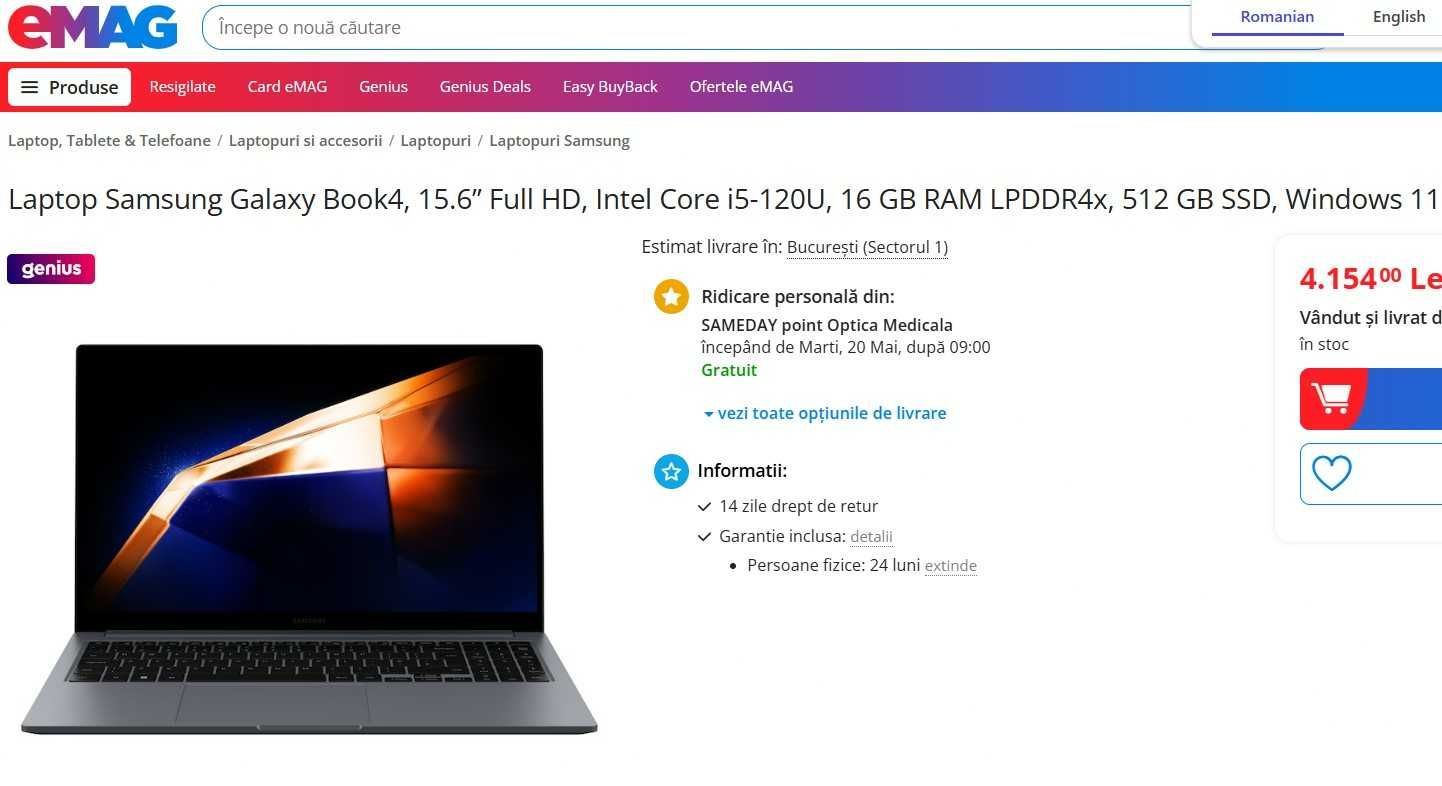 Samsung Galaxy Book 4 Core 5 120U 16GB 512SSD 15.6" SIGILAT
