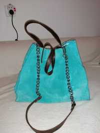 Тюркоазена дамска чанта от естествена кожа - велур