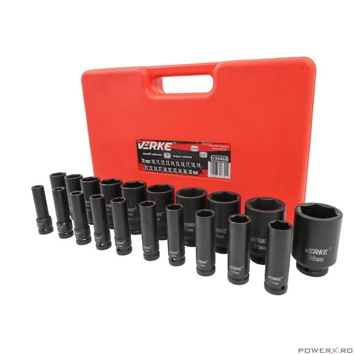 Set chei tubulare de impact lungi, 1/2" 10 - 38 mm, 20 piese, Verke