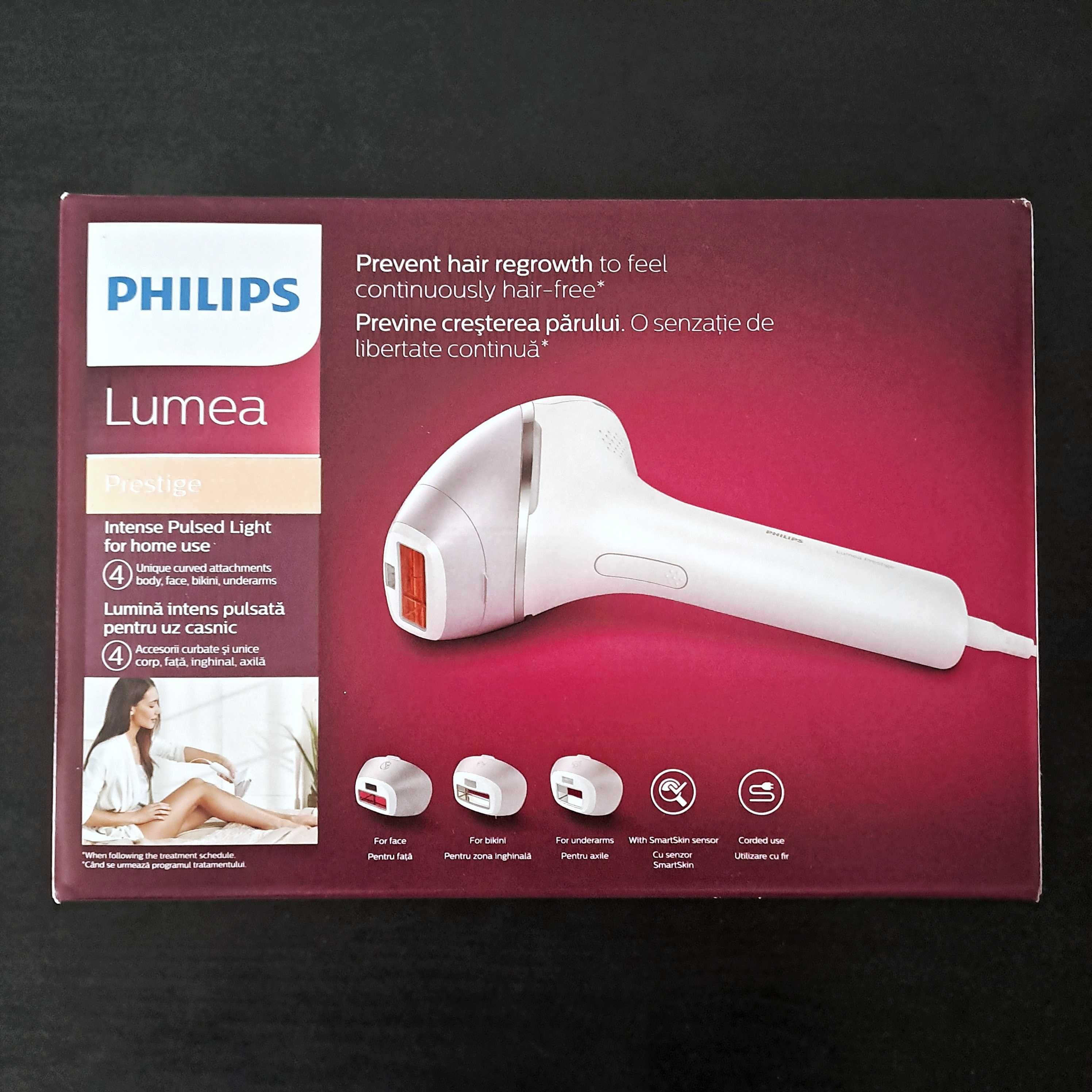 Epilator IPL Philips Lumea în cutie cu 4 capete + gentuță depozitare