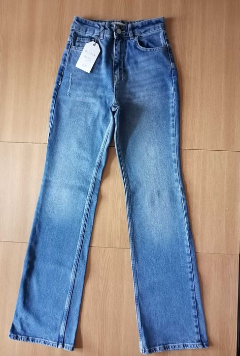 Blugi noi cu etichetă, albastru clasic, bumbac, talie înaltă, mărime S