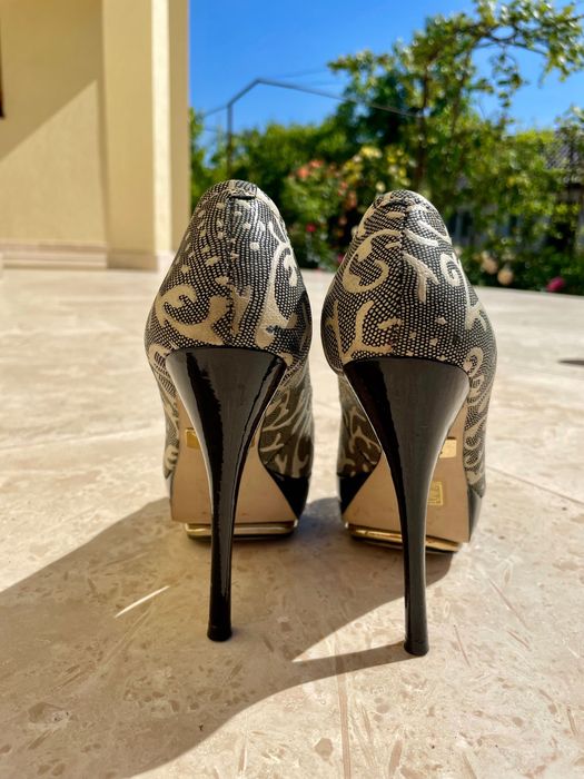 Pantofi eleganți cu toc, 12 și platformă, verde/auriu, 36