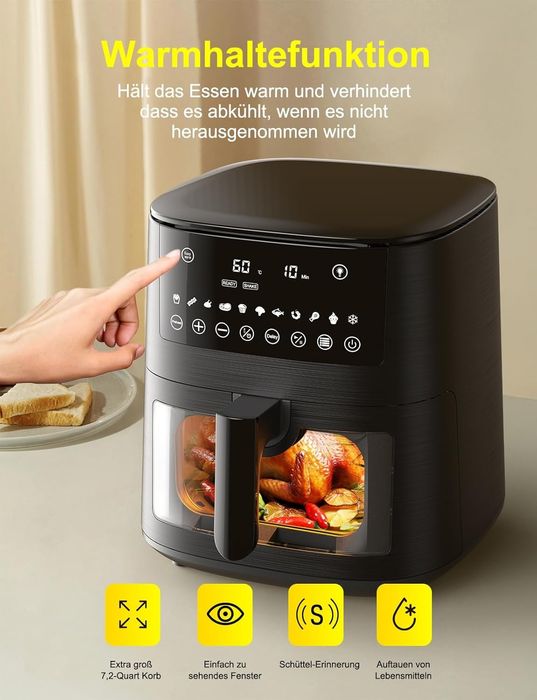 Фритюрник с горещ въздух (Air Fryer) XXL 7.2 литра с прозорец за наблю