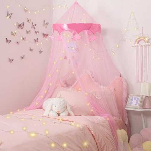 Нов Принцески балдахин с LED звезди – розов, за детска стая, момиче