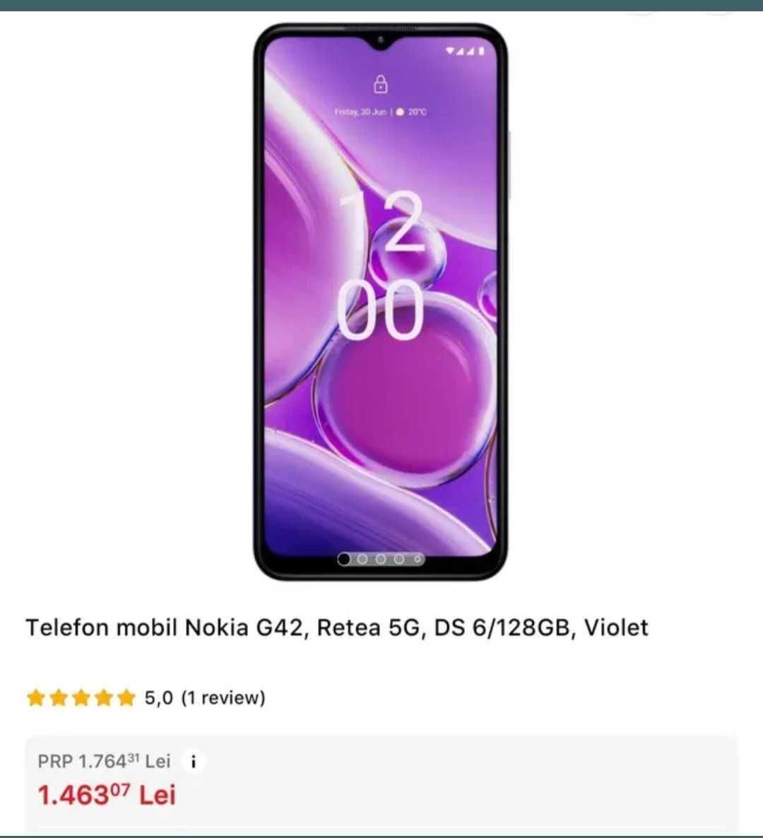 NOU_SIGILAT. Telefon mobil Nokia G42, Retea 5G, DS 6/128GB, Violet
