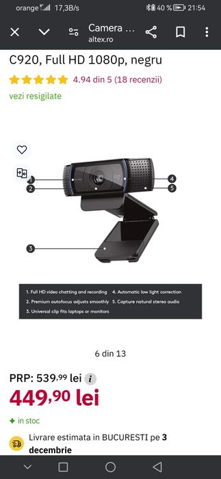 Cameră web Logitech HD Pro 920