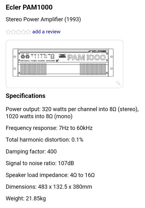 Putere audio  amplificator Ecler PAM 1000 , Putere 1020W/8ohm