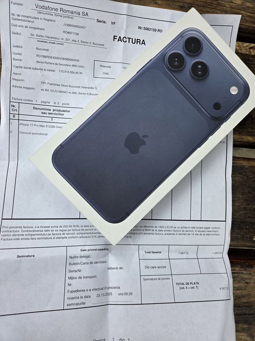 Vând iPhone 17 Pro Max sigilat 512Gb garantie 2ani Vodafone România