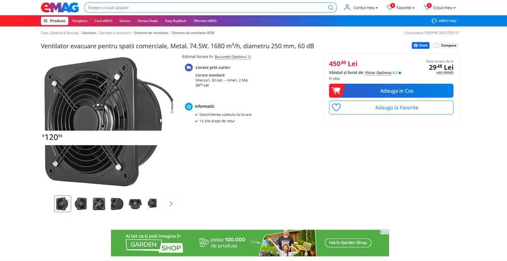 Ventilator Industr Metalic 29cm+ clapeta antiretur, REDUS de la 450RON