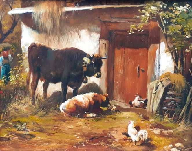 Tablou vechi - gospodarie cu animale - nesemnat