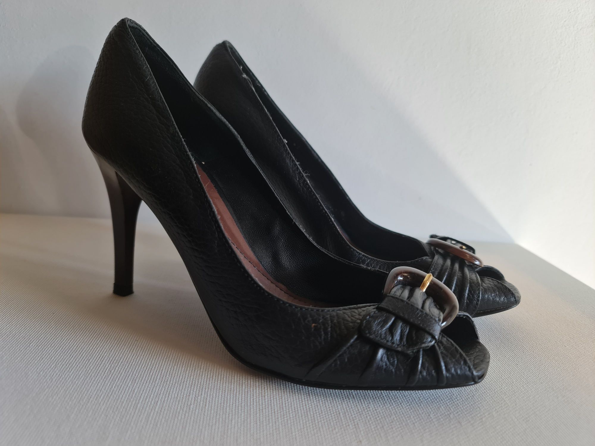 Pantofi cu toc, peep-toe, Zara, 38, Made in Spain, negri, noi