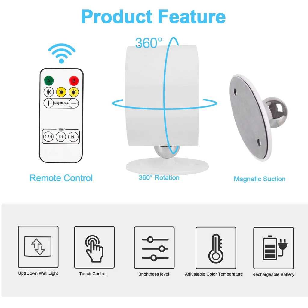 Lampa de perete LED, cu incarcare USB si telecomanda