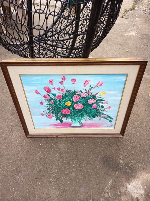 Tablou Superb Vaza Cu Flori Pictat Și Semnat