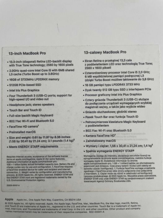 MacBook Pro 13 |A2251|i5-2.0GHz|16GB RAM|512GB SSD