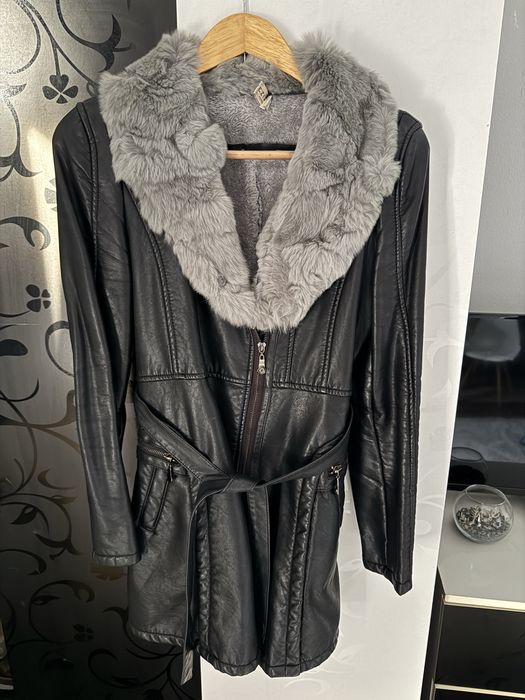Стильная кожаная куртка с мехом - весна, осень, тёплая зима (XXL)