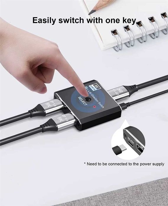 DP 1 to 2 / 2 to 1 Splitter UHD 8K с пультом и с доп. питанием