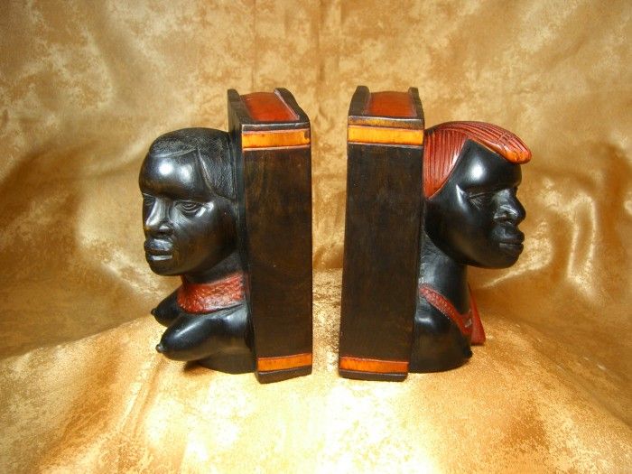 Sculpturi abanos book ends capete raft carti, sec 19, colectie vintage