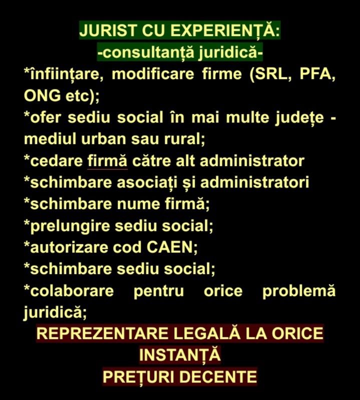 Înființare firme SRL, PFA, ONG etc sediu social,consultanță juridică