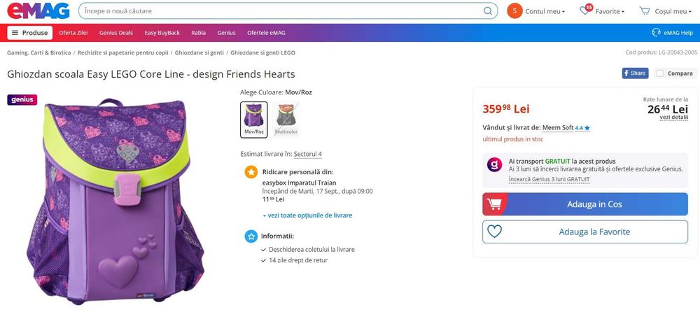 Ghiozdan scoala Easy LEGO Core Line - design Friends Hearts