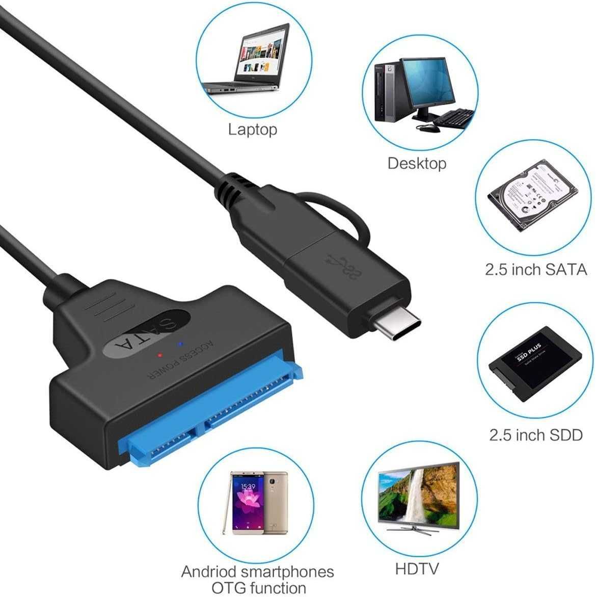 Cablu adaptor USB 3.0 + USB-C la SATA 3 pt HDD SSD laptop 2.5 inch