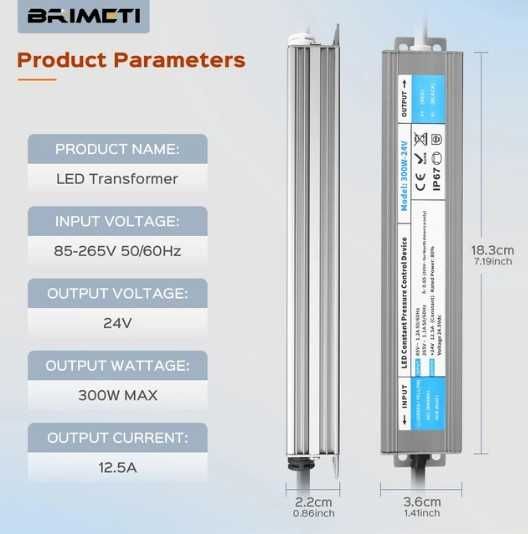 Transformator LED, Brimeti, 300W, IN AC 230V, OUT DC 24V, IP67