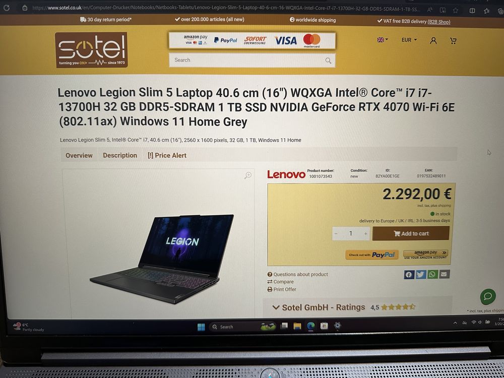 Lenovo Legion Slim 5 Laptop 16" Intel i7-13700H 32 GB RAM, RTX 4070