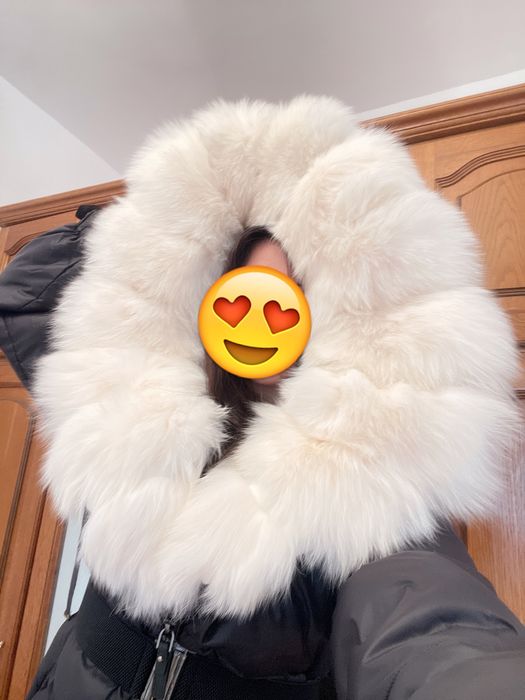 Geaca cu puf natural si blana naturala alba polara noua