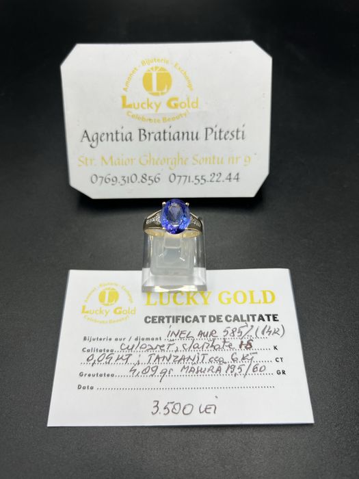 Inel aur 14k 4.09 gr tanzanit 6 ct diamante 0.05 ct marime 19.5/60