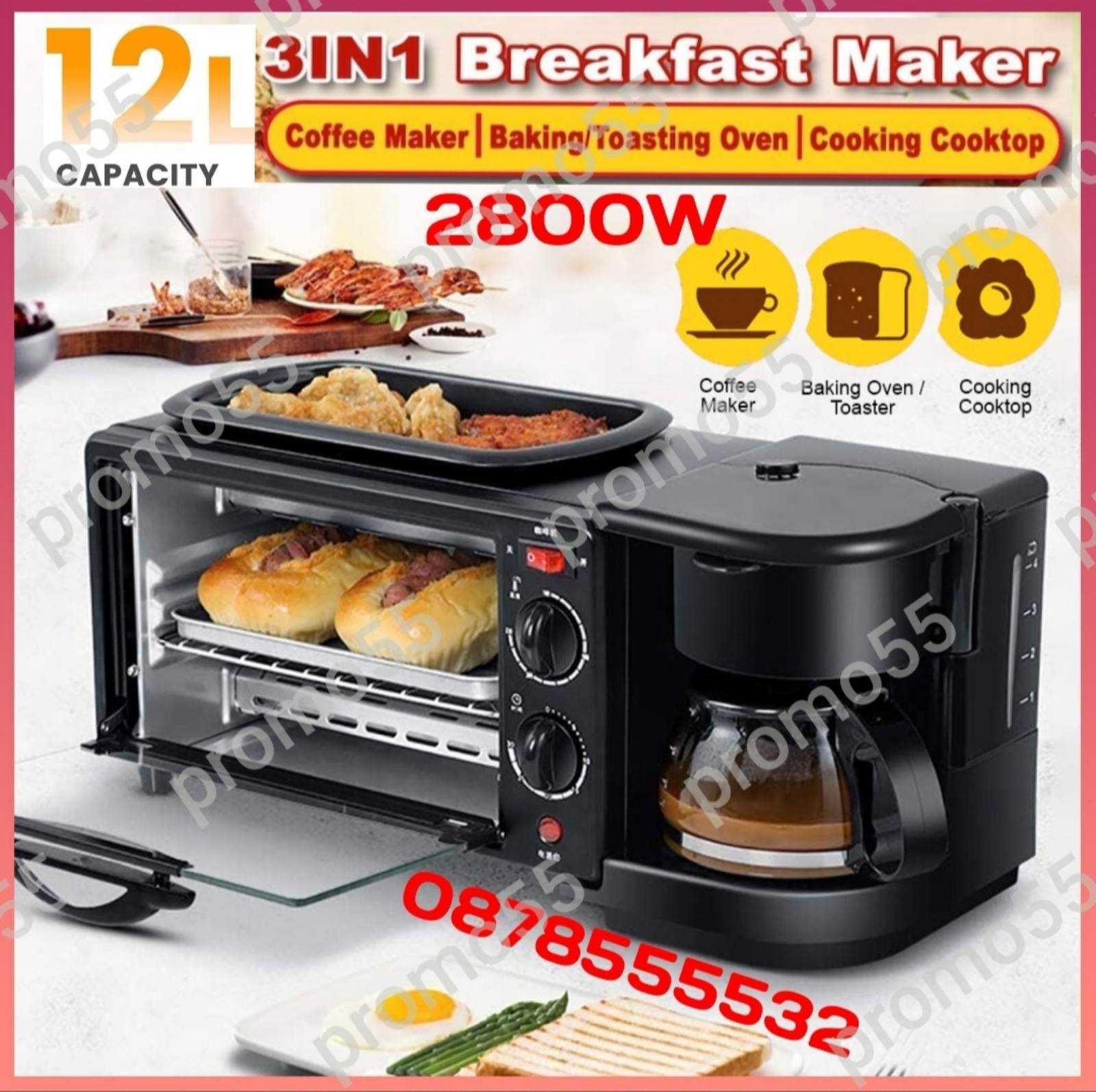 Мултифункционална Мини Фурна с Таймер 2800W 3В1 Грил плоча, Кафемашина