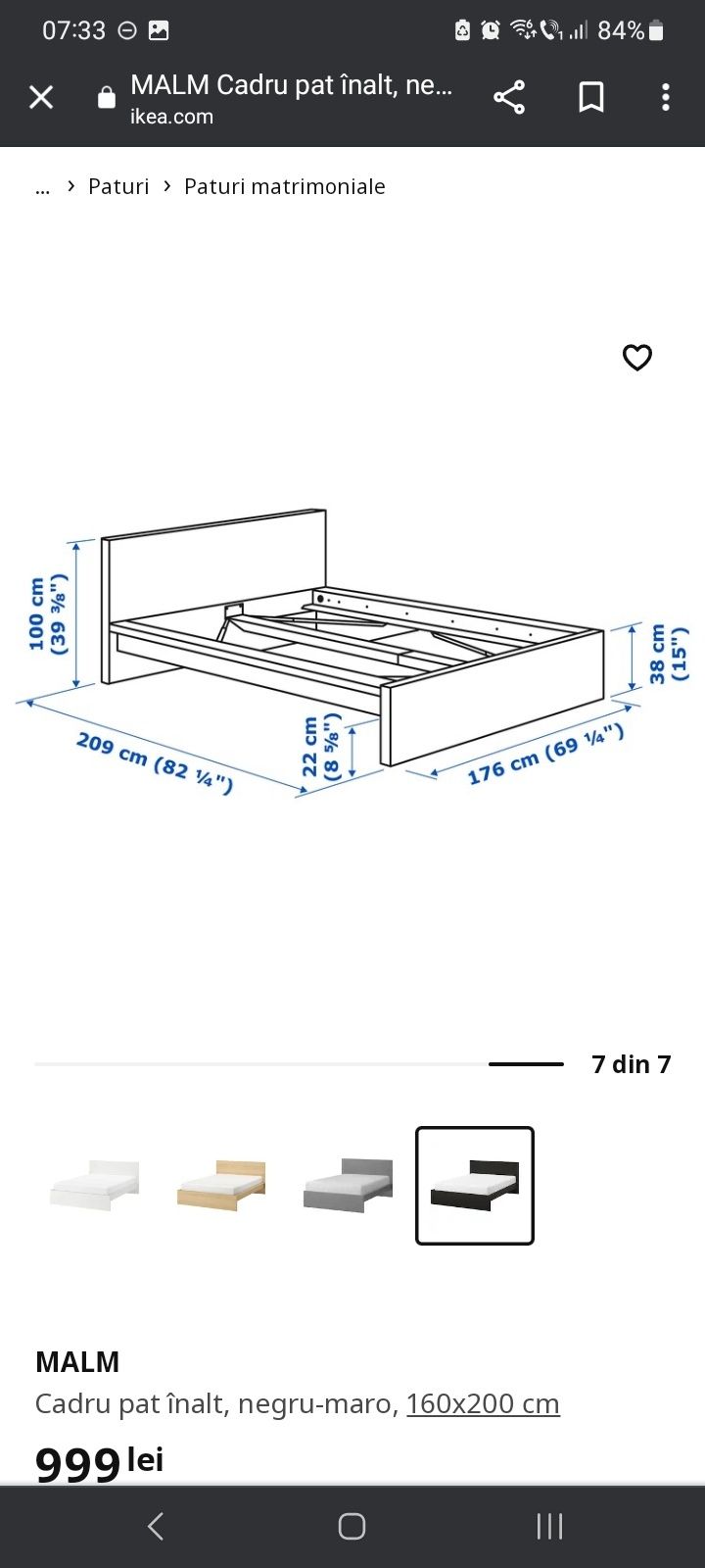 Pat matrimonial Ikea Malm negru 1600x2000 cu somiera inclusa