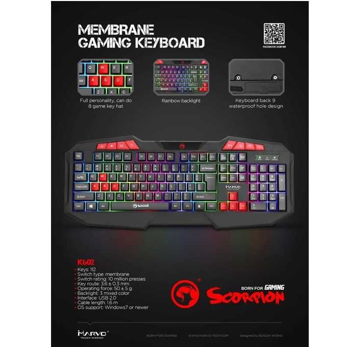 Клавиатура Marvo K602, гейминг, LED, черна, Gaming keyboard 112 keys