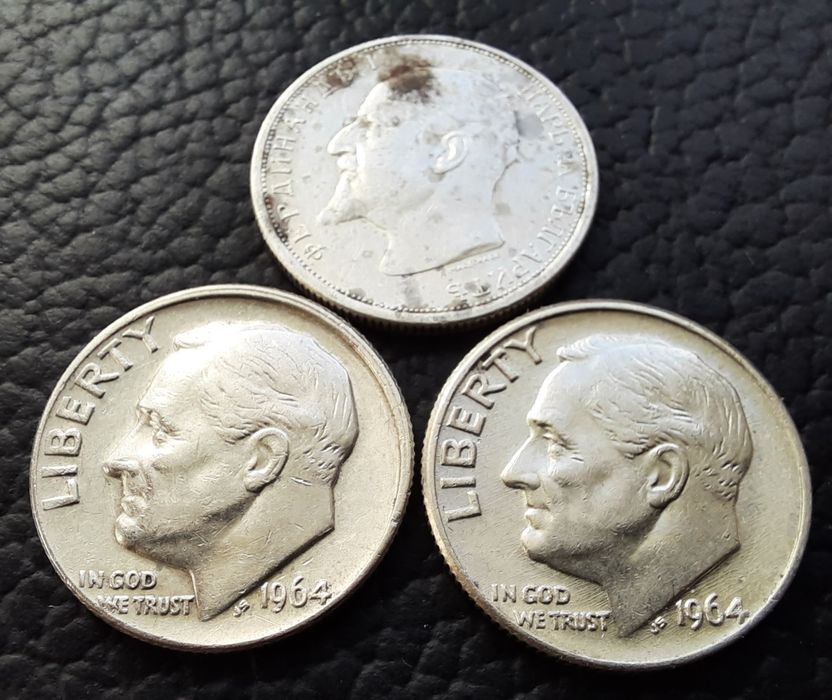 Стари сребърни монети даймове 1964 г.  САЩ  и 50 ст. 1913 г. БГ - топ
