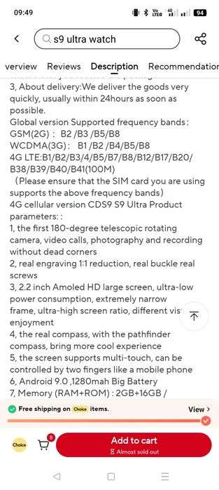 Ceas S9 Smart Cellular , Android, ecran Amoled, 8GB RAM , 128GB hard