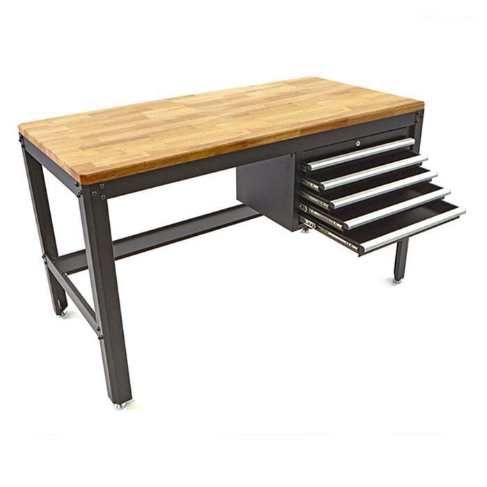 Banc de lucru metalic profesional cu 5 sertare si blat de lemn 155 cm