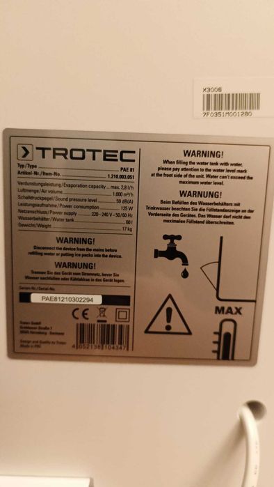 Racitor de aer portabil/umidificator Trotec, tip PAE81 - NOU