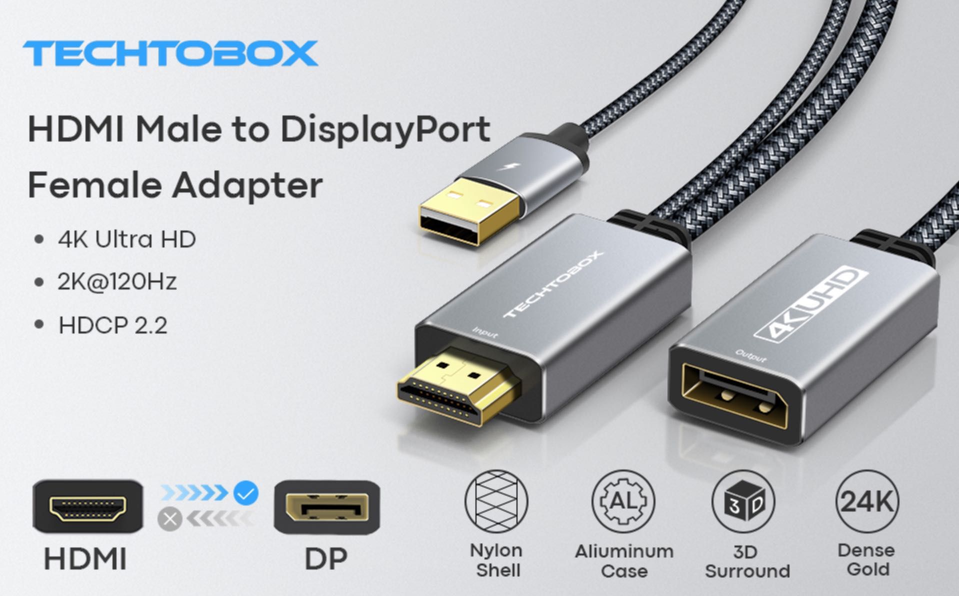 HDMI към DisplayPort Адаптер 4K 60Hz Високоскоростен HDMI към DP