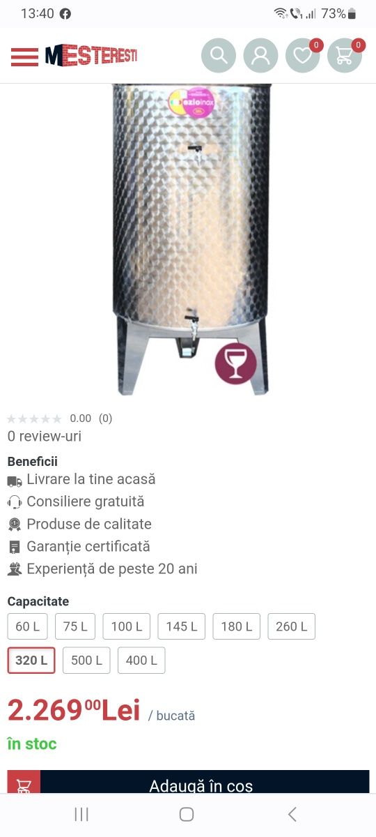 Butoi inox 320L  cu capac flotant - NOU