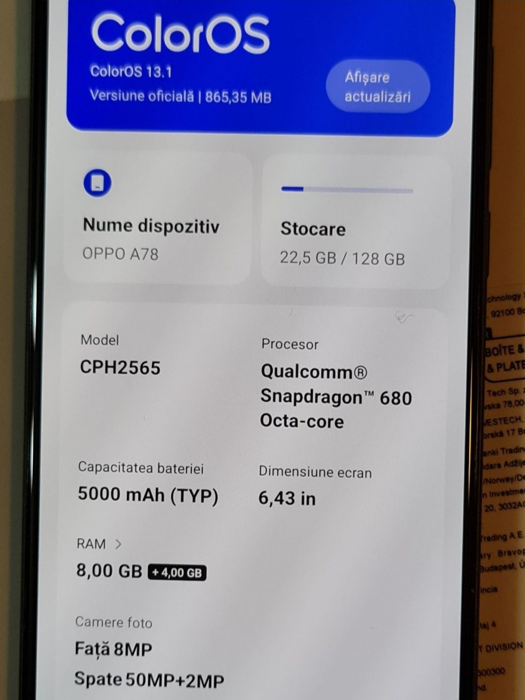 Oppo A78 Negru, 128Gb, 8Gb Ram, Baterie 5000mAh, NOU, Garantie 2 ani.