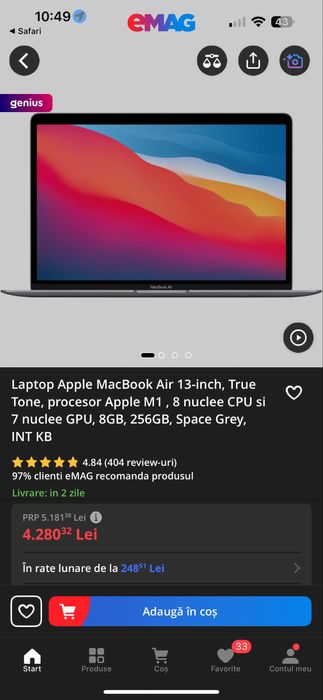Laptop Apple MacBook Air 13-inch, True Tone, procesor Apple M1
