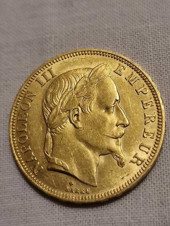 Златна Монета 50 Френски Франка Наполеон III с Венец 1867 BB