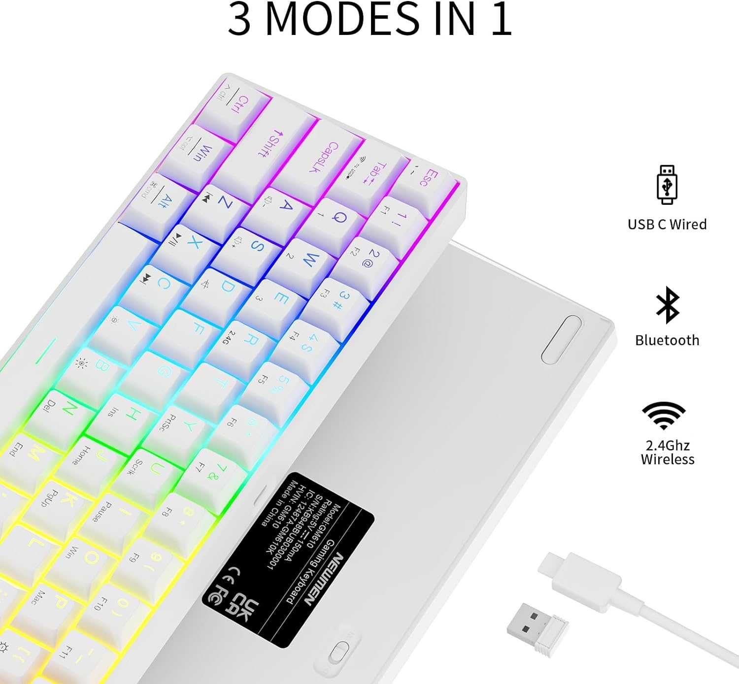 Tastatură mecanică Newmen GM610 60%,fir Bluetooth 2.4G,RGB,Switch Rosu