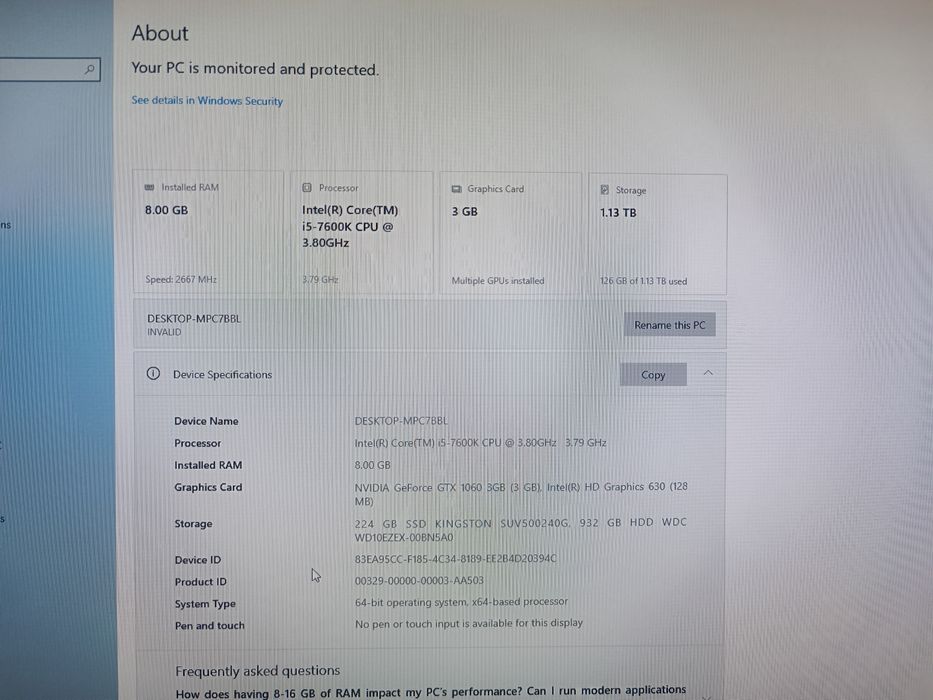 PC Gaming Lenovo Legion i5-7600k 4ghz 8Gb 256Gb ssd GTX 1060