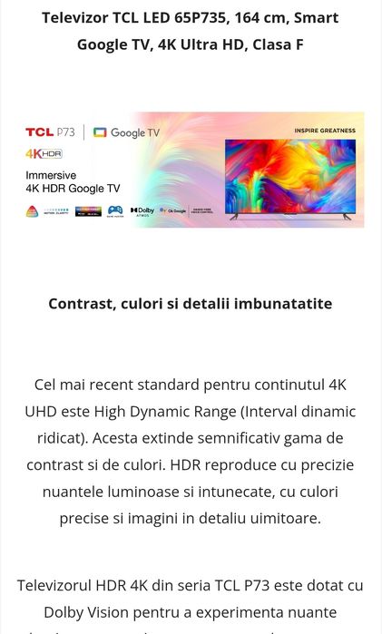 Televizor TCL LED, 164 cm, Smart Google TV, 4K Ultra HD