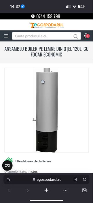 Ansamblu boiler pe lemne din otel 120L, CU FOCAR ECONOMIC