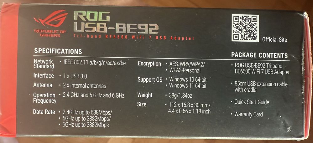 Asus ROG USB BE-92 Wi-Fi 7 безжичен адаптер
