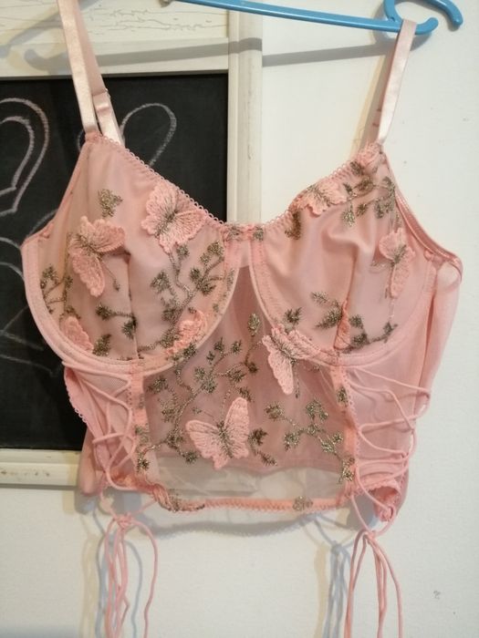 Bustiera superba sutien Shein roz cu fluturi si dantela dama marimea S